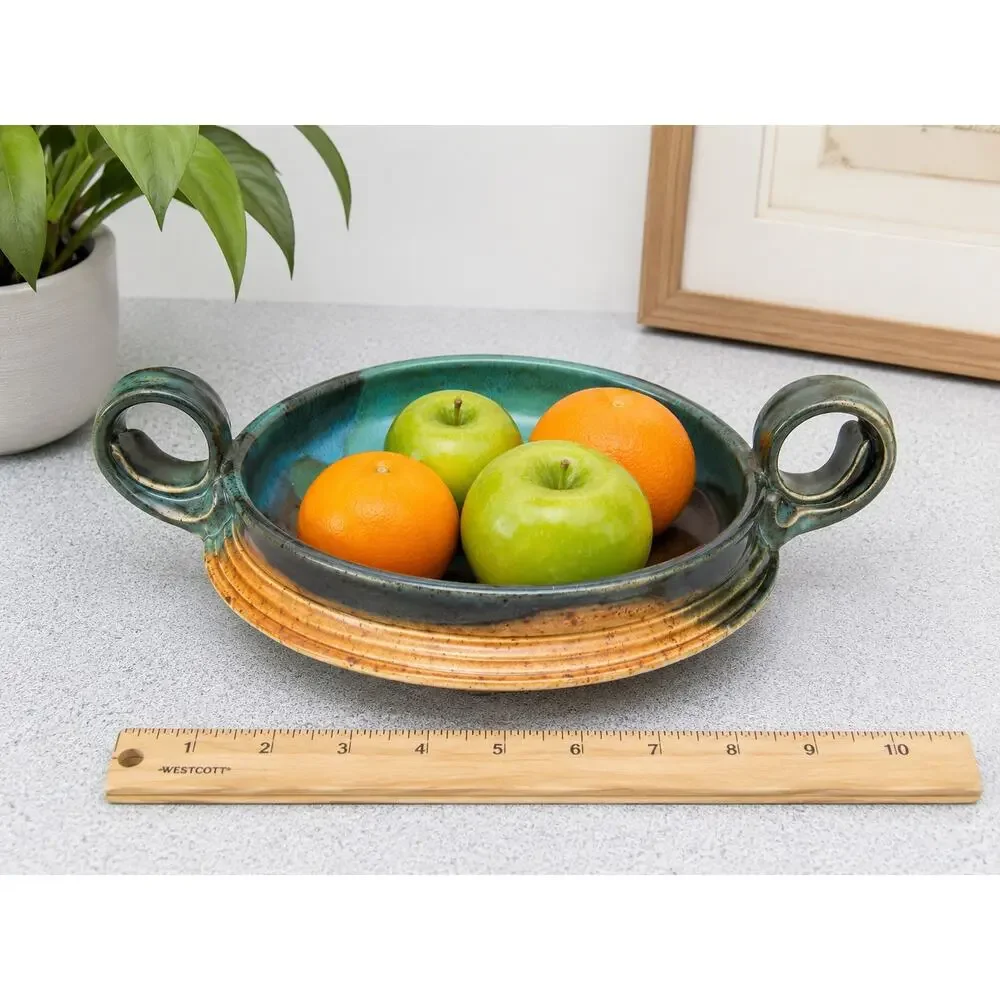 Studio Pottery Double Handle Bowl Turquoise Brown Art Pottery Dish Signed 9.5